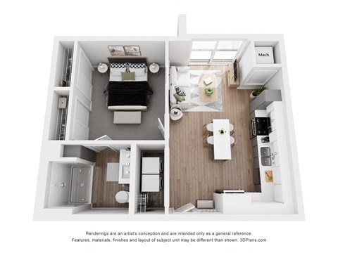 Floor plan for 1 bed, 1 bath, 602 sqft